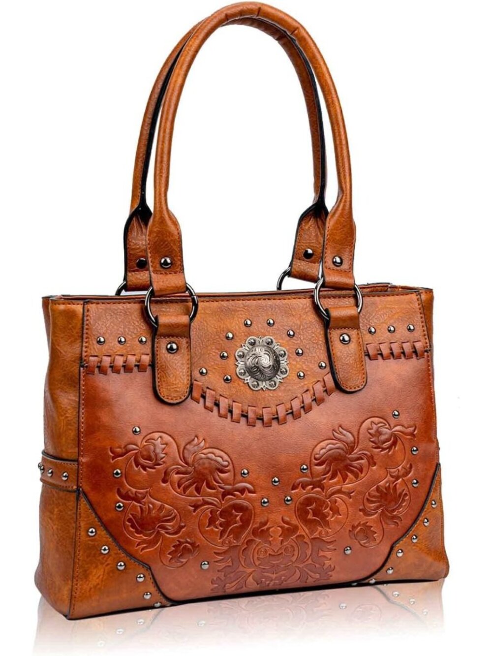 Large Vintage Western Tote Bag for Women - Embossed Concho Studs, Top Handle